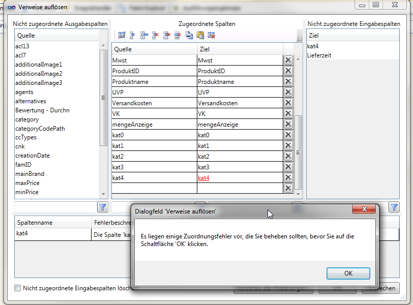Fixing the mapping by clicking on the column highlighted in red